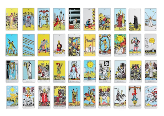 Photo set with different tarot cards on white background
