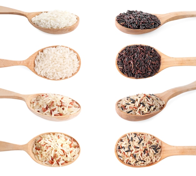 Set with different types of rice in spoons on white background