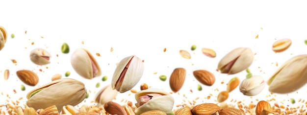 Photo set with flying in air fresh raw whole and cracked pistachios almonds and hazelnut isolated on white background