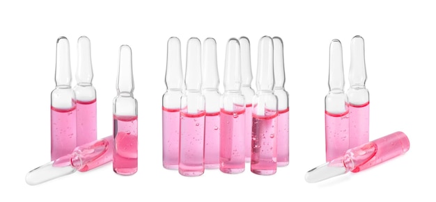 Set with glass ampoules with pharmaceutical products on white background Banner design