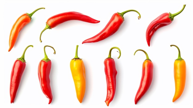 Photo set with hot chili peppers isolated on white generative ai