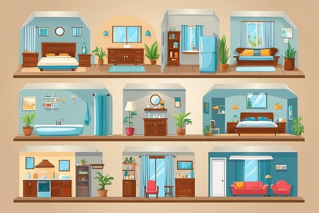 Фото Набор с интерьером ванной комнаты кухни гостиной и спальни плоская векторная иллюстрация комнат с мебелью