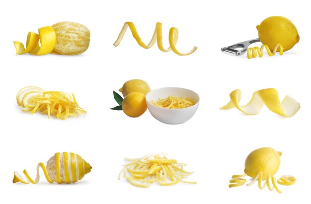 Set with lemon zest on white background