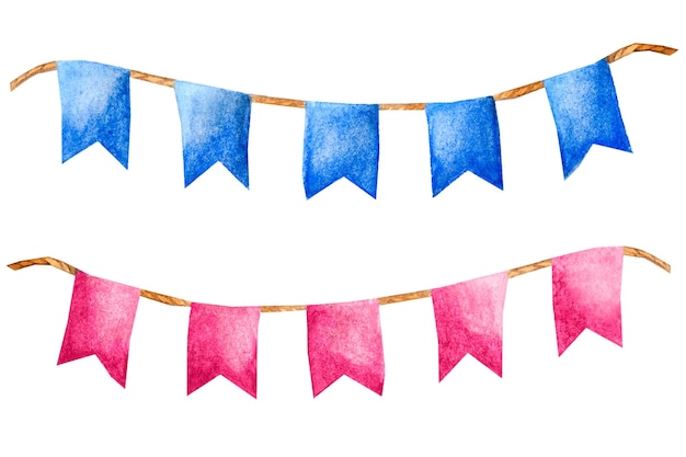 Set with pink and blue flags Hand drawn watercolor illustration isolated on white background