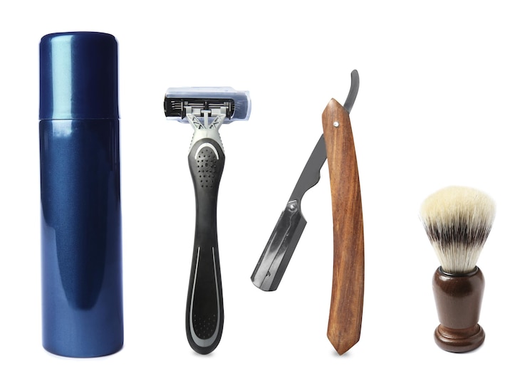 Photo set with shaving accessories for men on white background