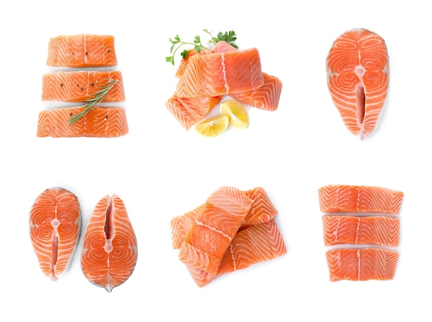 Photo set with steaks of fresh raw salmon on white background top view fish delicacy