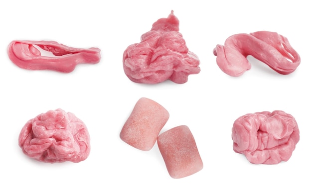 Set with used chewing gums and new ones on white background
