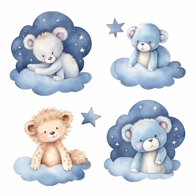 Set with watercolor cute baby teddy bear sleeping on the cloud with stars