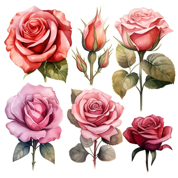 Set with watercolor roses isolated on white background