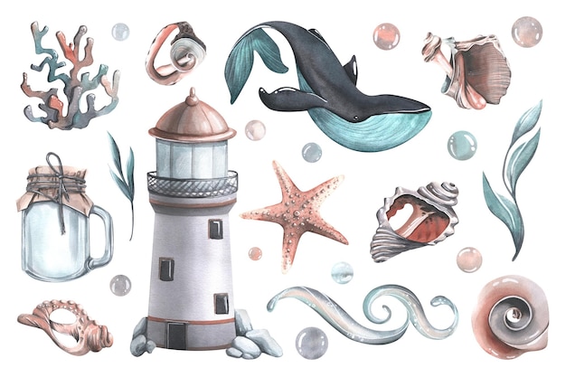 Set con balena faro barattolo di vetro stelle marine conchiglie coralli alghe acqua onda e bolle illustrazione ad acquerello della collezione whales per la decorazione e il design di poster cartoline