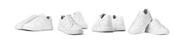 Set witte lederen sneakers geïsoleerd op een witte achtergrond