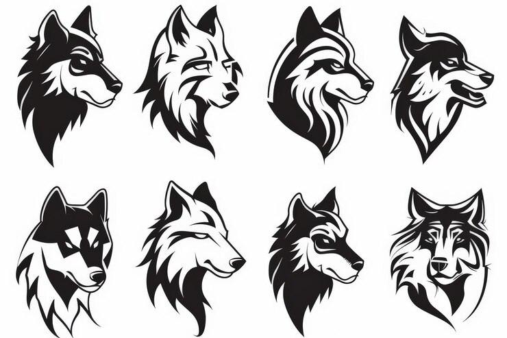 Photo set of wolf animals emblem logo design with black wolf line art icon vector illustration on white background