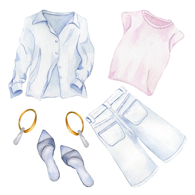 白で隔離される女性の夏服の水彩イラストのセット T シャツ ジーンズ ショート パンツ シャツ手描きの女性の衣装店販売雑誌包装ショーケース パターンのデザイン