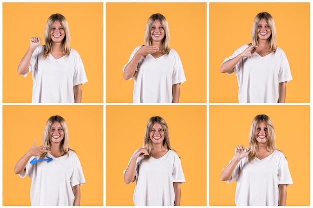 Set of woman showing different deaf sign alphabets