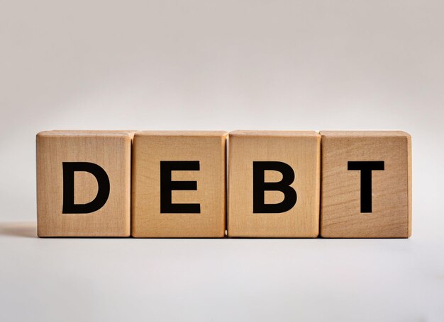 a set of wooden blocks with the word debt on them.