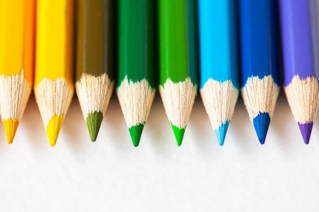 Set of wooden colored pencils crayons on a white paper Top view