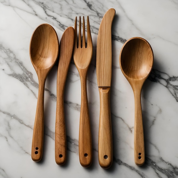 Set of wooden cutlery in marble background