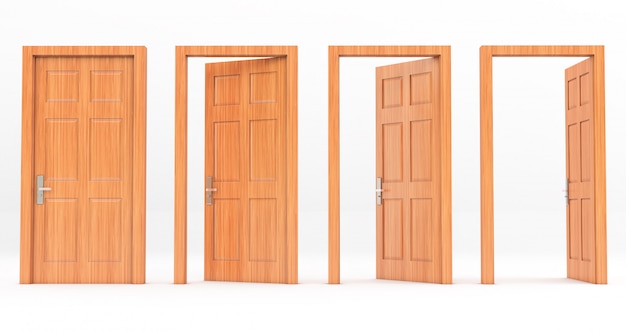 Set of wooden doors in different stages of opening isolated on a white background . 3D rendering