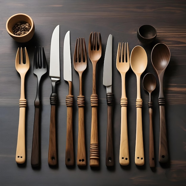 A set of wooden forks knives and spoons arranged neatly on a table