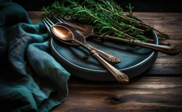 a set of wooden knife fork spoon and a rosemary sprig on a black background