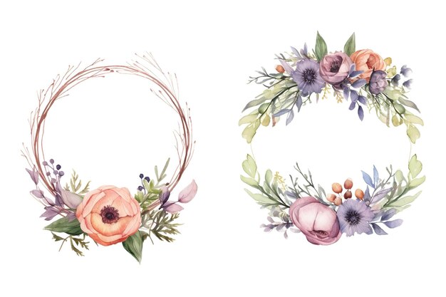 Set of wooden sign board with vintage flower wreath painted in watercolor on a white isolated background Generative AI