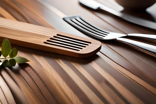 Photo a set of wooden spoons with a knife on the table