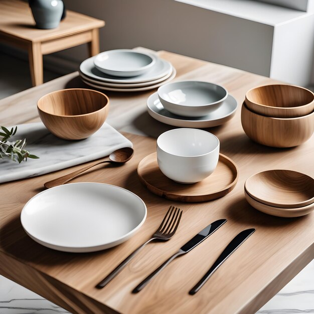 Set of wooden tableware on wooden board in modern kitchen interior closeup generative ai