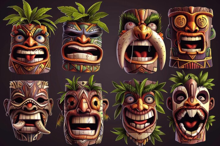Photo set of wooden tiki masks with different face designs perfect for decorative or culturalthemed uses