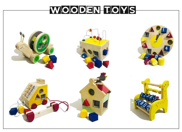 Set of wooden toys as gift ecofriendly handmade products for children development and learning