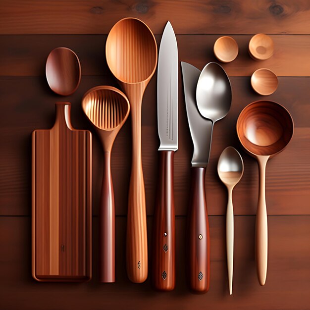Set of wooden utensils with rustic finish