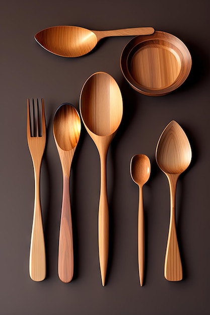 Set of wooden utensils with rustic finish