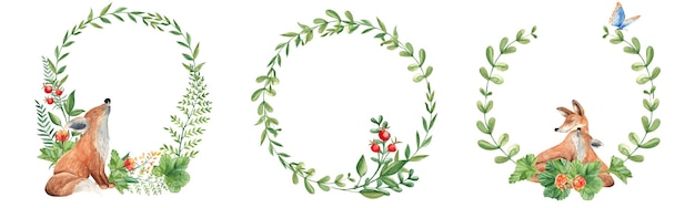 赤ちゃんと母のキツネの緑の枝と<unk>の葉の森の水彩の花束のセット