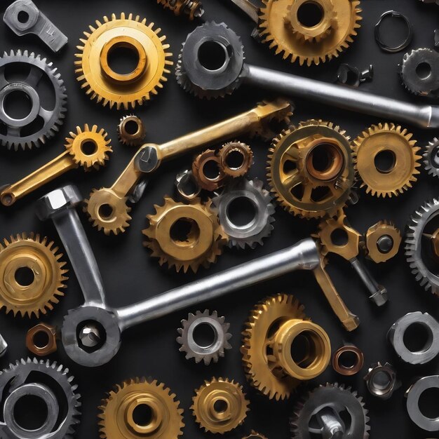 A set of wrenches hex sockets and gears stacked around the perimeter on a black background