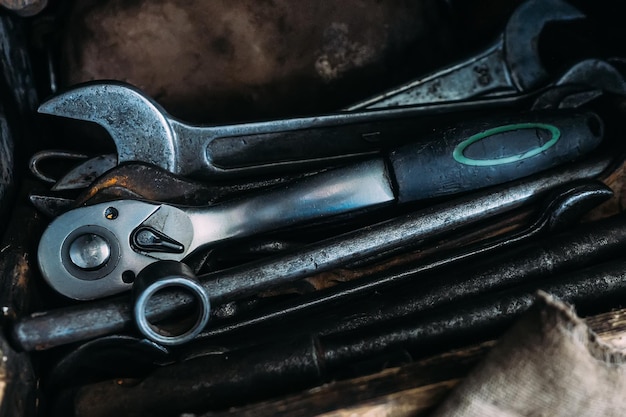 Set of wrenches for repairing cars and equipment closeup of\
locksmith equipment