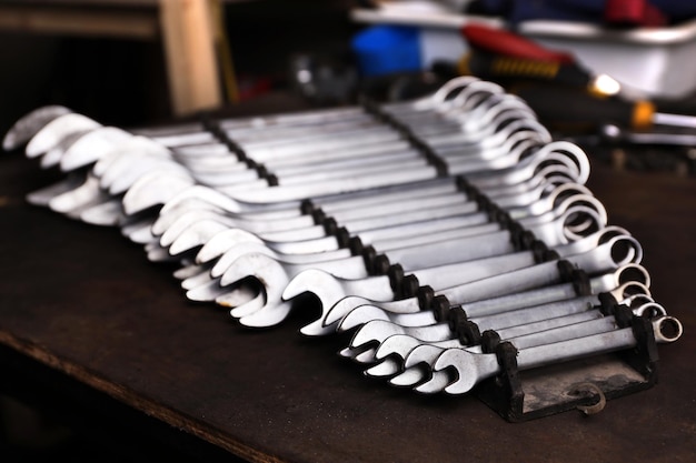 Set of wrenches on table close up