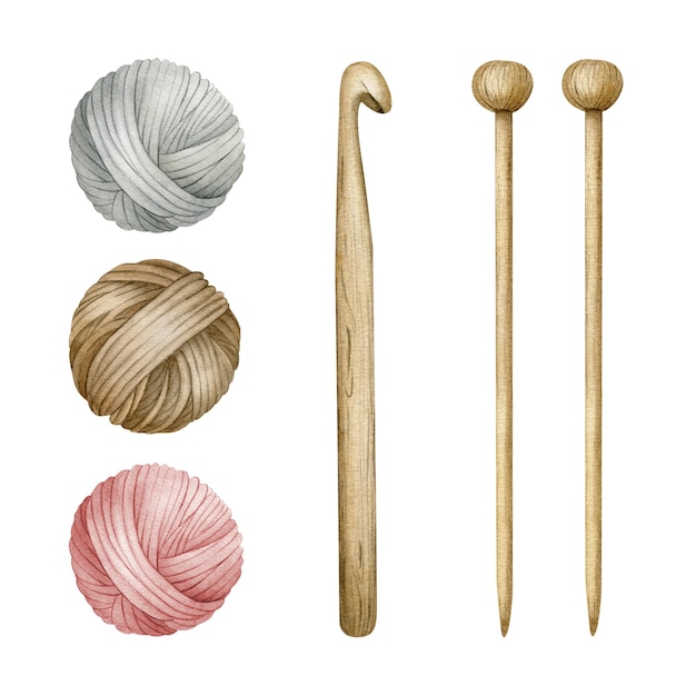 Set of yarn balls balls of wool skeins of yarn and wooden knitting needles hook Watercolor