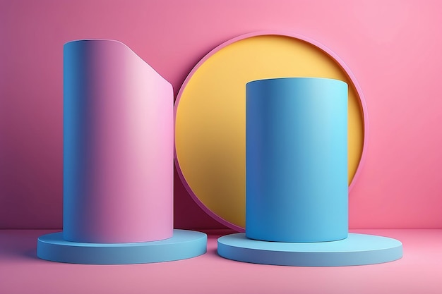 Photo set of yellow blue and pink realistic 3d cylinder pedestal podium with circle neon lamp background