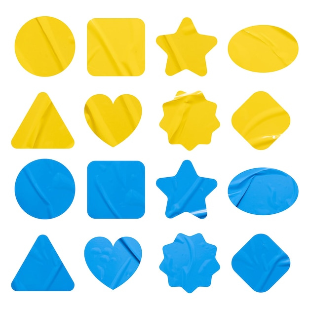 Photo set of yellow and blue stickers paper stickers mock up blank tags labels of different shapes isolated on white background with clipping path for design work3