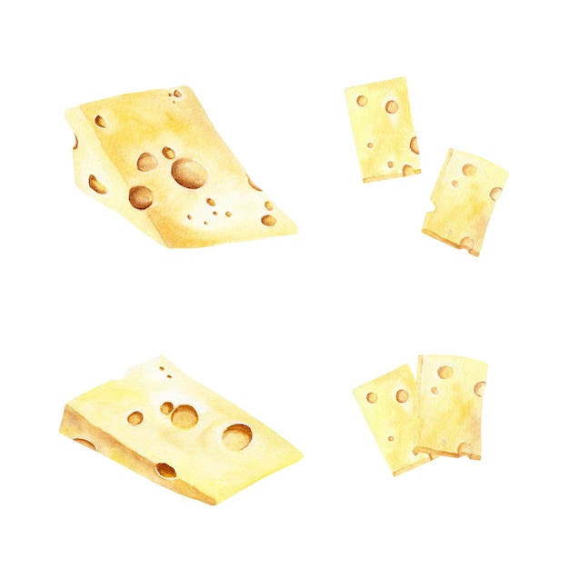 Set of yellow hard cheese slices and pieces with holes Watercolor illustration isolated on white background