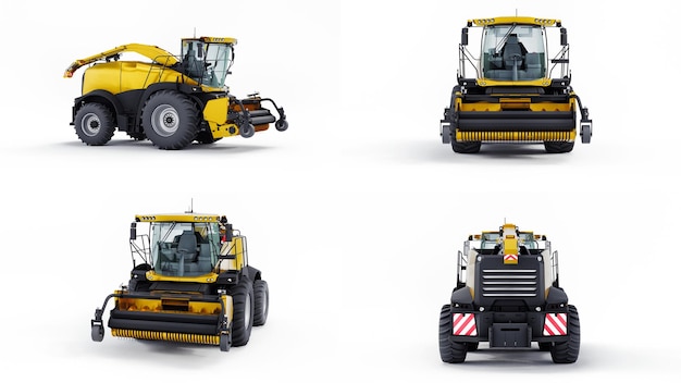 Set Yellow modern harvester on a white background 3d rendering