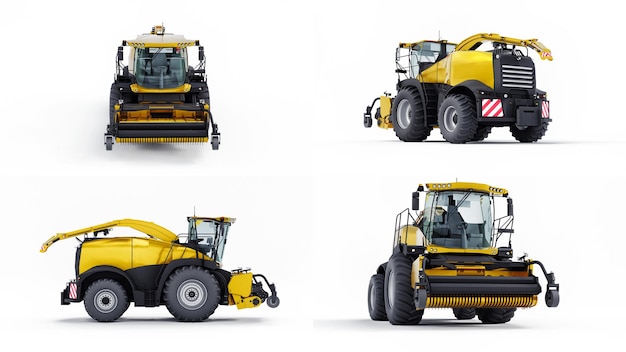 Set Yellow modern harvester on a white background 3d rendering