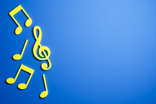 Photo set of yellow musical notes on blue background