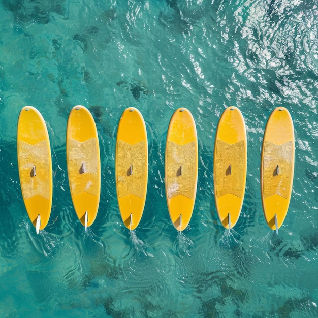 Photo a set of yellow surfboards on a blue sea background