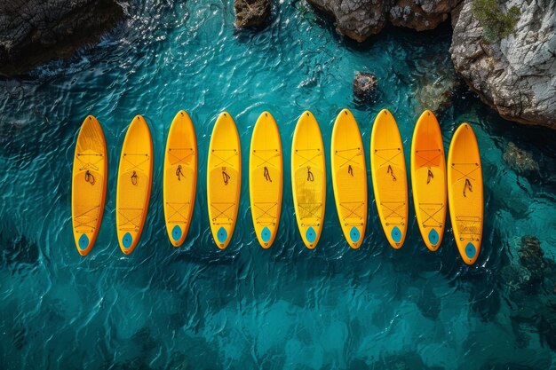 Foto un set di tavole da surf gialle su uno sfondo marino blu