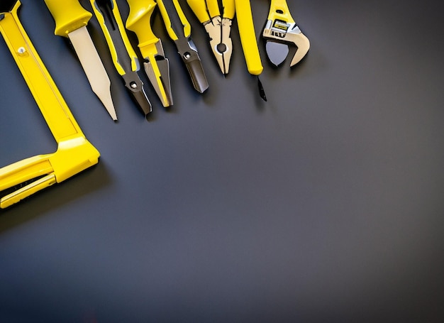 Photo set of yellow tools on black background