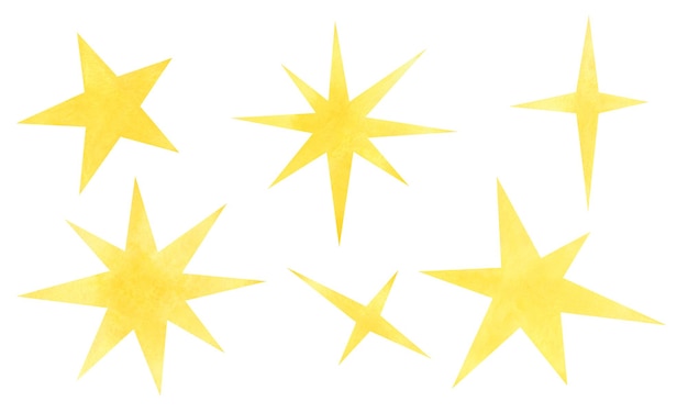 A set of yellow watercolor stars Handdrawn The texture of paint on paper