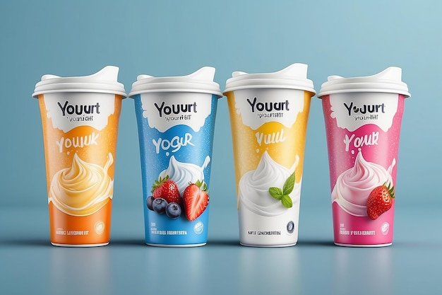Photo set of yougurt brand new packaging isolated design for milk yogurt or cream product branding or advertising design
