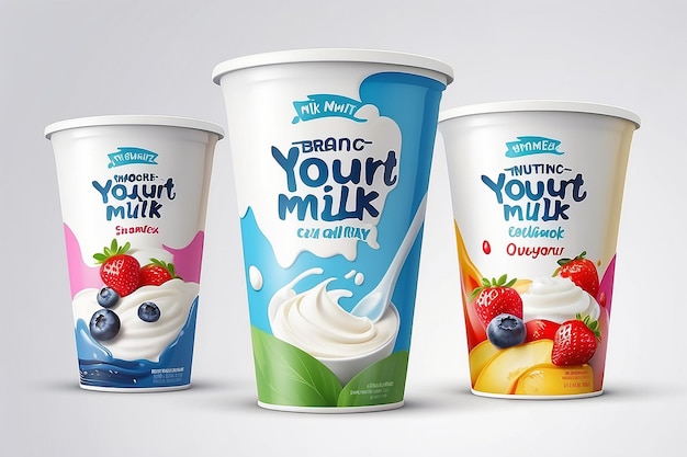 Photo set of yougurt brand new packaging isolated design for milk yogurt or cream product branding or advertising design