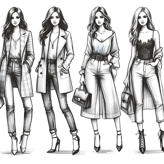 Set of young beautiful women in stylish clothes Sale concept Handdrawn fashion illustration Fashion