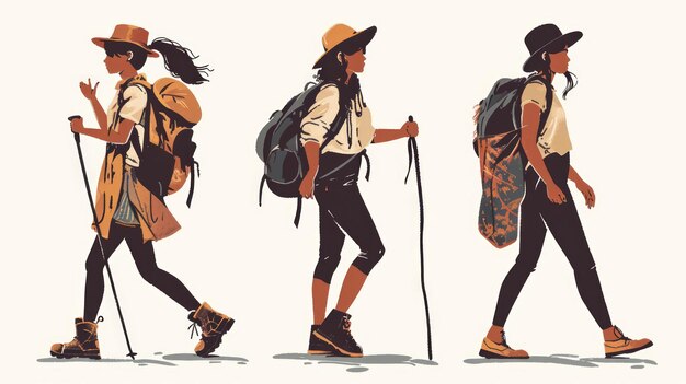 Set of young hipster women with backpacks illustration generative ai